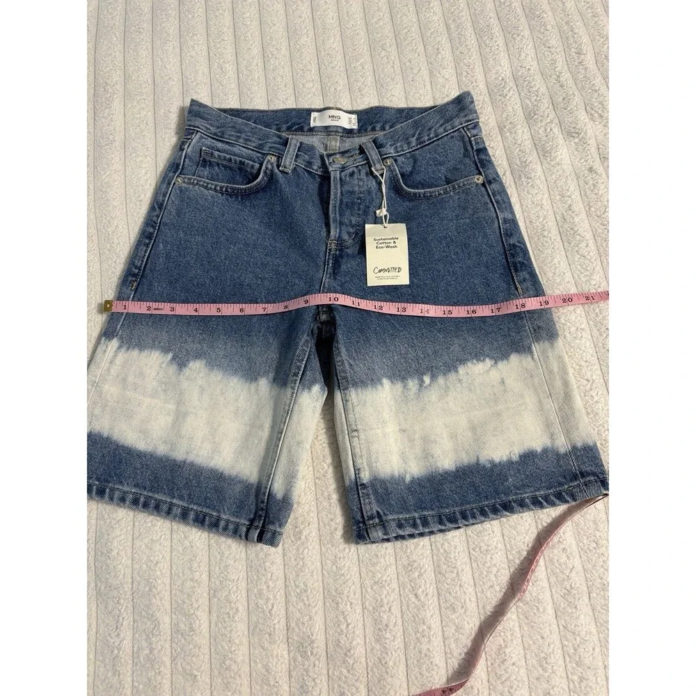 NWT Mango Tie-Dye Bleach Long Bermuda Denim Jean Shorts Womens 2 100% Cotton